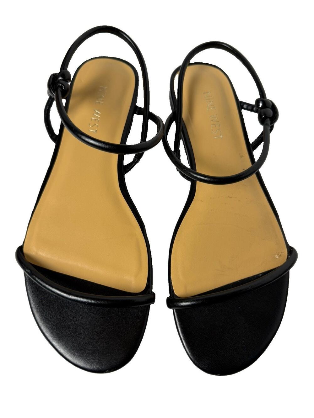 Nine West Menson Women’s Black Strappy Flat Sandals Size 8M Knot Ankle Strap